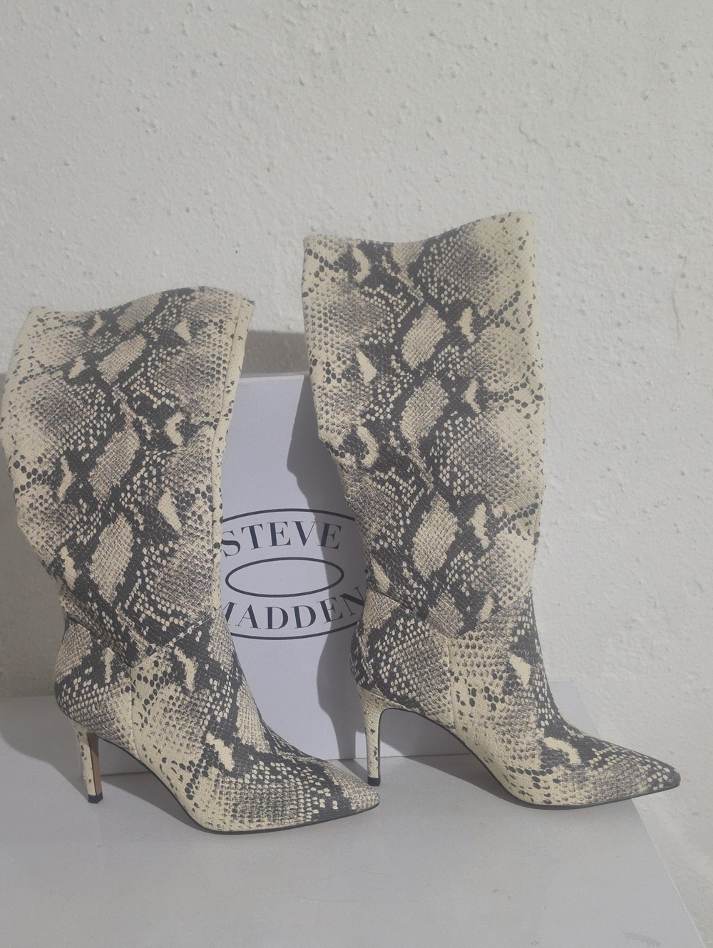 Steve Madden KINGA Snake-Print Slouchy Pointed-Toe Boots in Beige and Gray